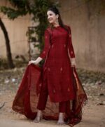 Anni Designer Pure Cotton Maroon Kurta Pant Set with Dupatta for Women | 3 Piece Gold Hand Block Printed Suit Set | Cotton Kurta Set for Women | Festive Kurti Set - Image 5