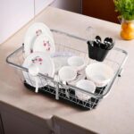 Kuber Industries Stainless Steel Dish Rack for Kitchen | Vessels Organizer Stands with Handle | Spoon Holder & Draining Tray Included | 17x22 Inch, 56x44x23 cm - Image 2